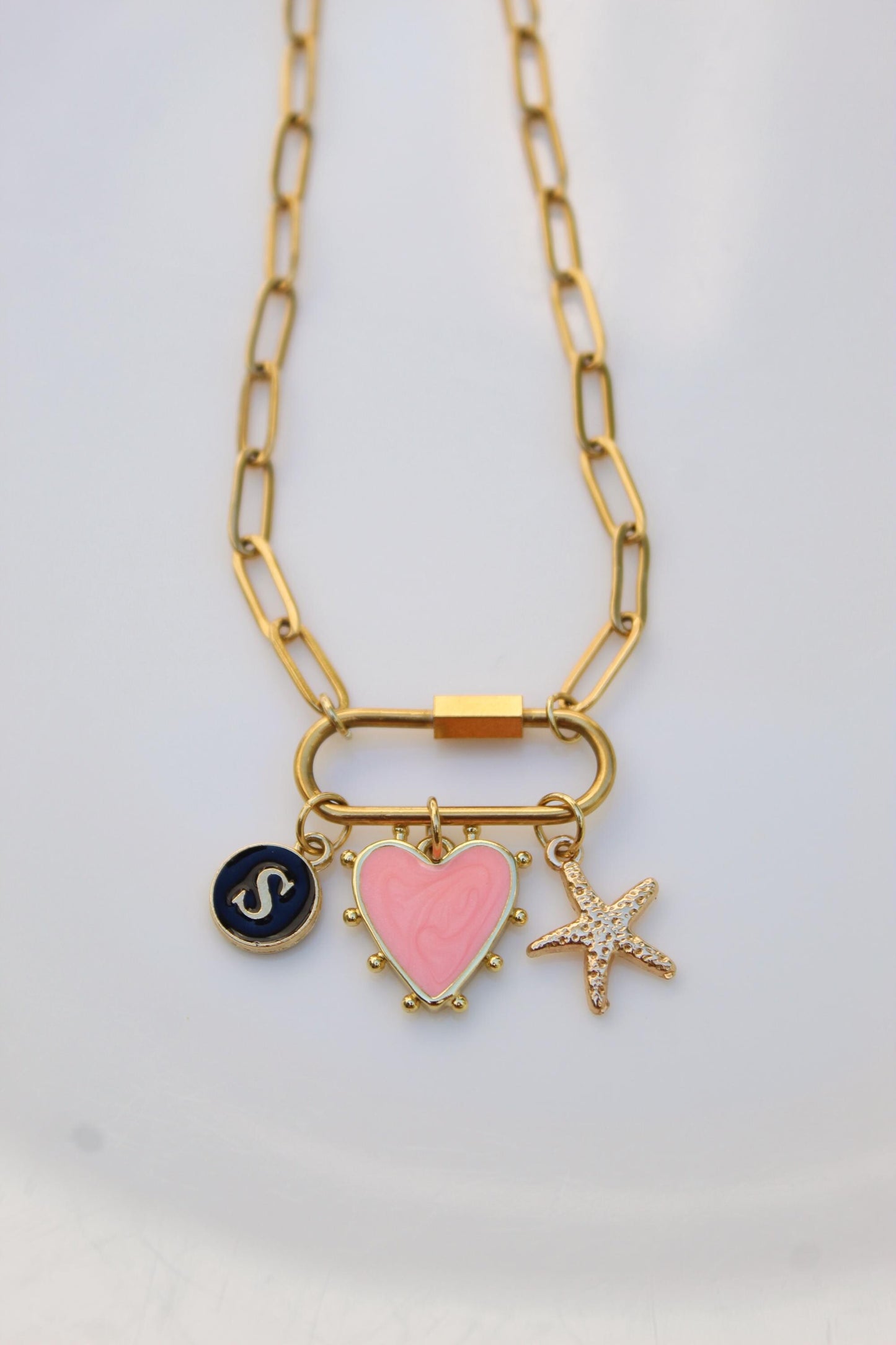 Custom Gold Charm Carabiner Necklace: Personalized Stainless Steel Paperclip Chain