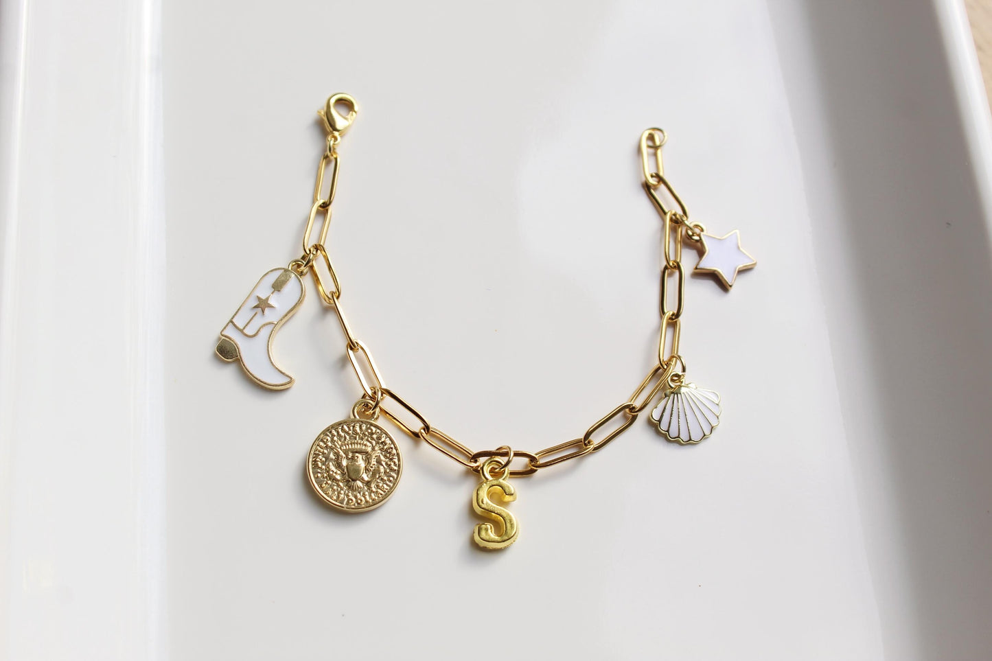 Personalized Gold Charm Paperclip Bracelet: Custom Stainless Steel Jewelry